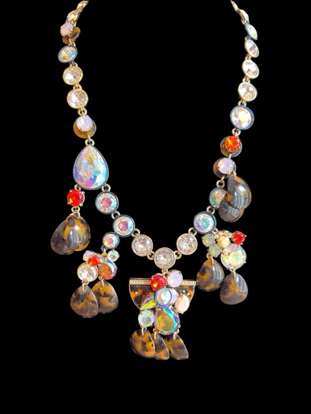 J. Crew Brûlée Paillette Crystal Tortoise Statement Necklace Multi-Color - EUC